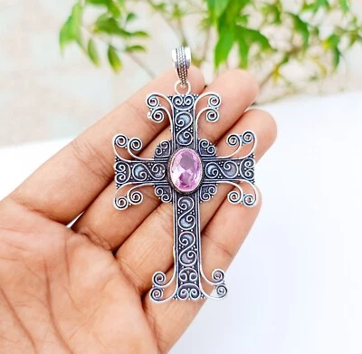 Pink Topaz Cross Pendant 925 Sterling Silver Handmade Gemstone Jewelry 3.18" - Image 1 of 4