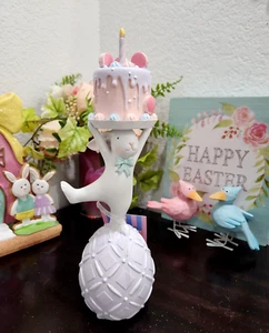 Pastel Easter Bunny On Egg with Birthday Macron Cake Figurine Tabletop Decor 11" - Picture 1 of 8