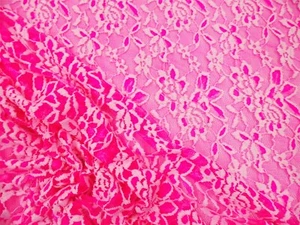 Embroidered Stretch Lace Apparel Fabric Sheer Neon Pink White Floral AA415 - Picture 1 of 1