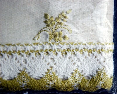 Linen & Lace Tablecloth ~ 50 x 70" Rectangle ~ Green Embroidery & Trim ~ NOS - Image 1 of 4