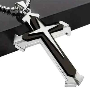 Creative Cross Pendant Necklace Stainless Steel Unisex Crucifix Black w/ Chain - Picture 1 of 2