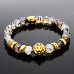 Hot Sale Men's Black Lava Stone Gold Lion Buddha Beaded Charm Bracelets Cheapest - Picture 1 of 7