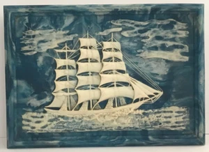 Dante INCOLAY Stone Nautical Trinket Jewelry Box Walnut Sailing Ship Clipper - Picture 1 of 9