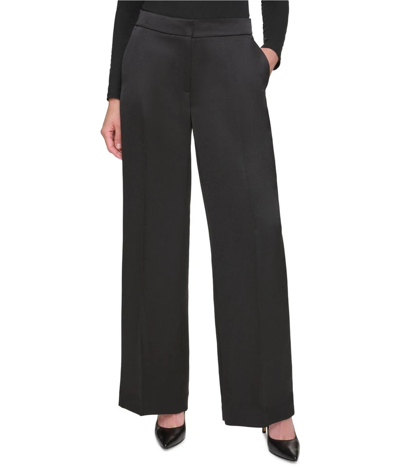 Calça social descontraída feminina DKNY cetim perna larga, preta, pequena, 12P - Imagem 1 de 1