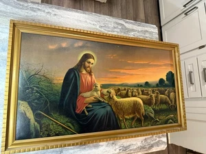 "Impresión enmarcada de Jesús y el Cordero BUEN PASTOR 33 X 19"" Antiguo Giovanni" - Imagen 1 de 5