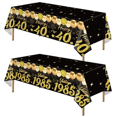 Mantel de 40 cumpleaños 2 piezas, decoraciones de 40 cumpleaños negro dorado para hombre con... Foto 1 de 4