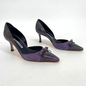 Retro Manolo Blahnik Purple Cap Toe Bow Detail Pointed Toe D'Orsay Heel IT 37.5 - Picture 1 of 12