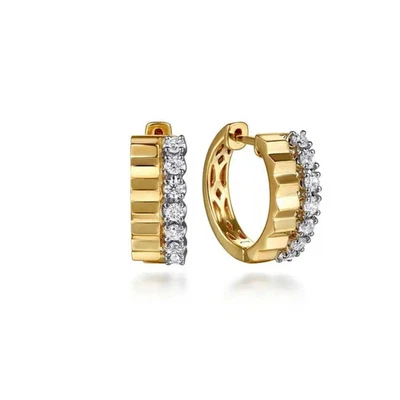 14K Two-Tone Gold 0.36ctw 14.5mm Diamond Cut Diamond Huggie Earrings - Image 1 of 4
