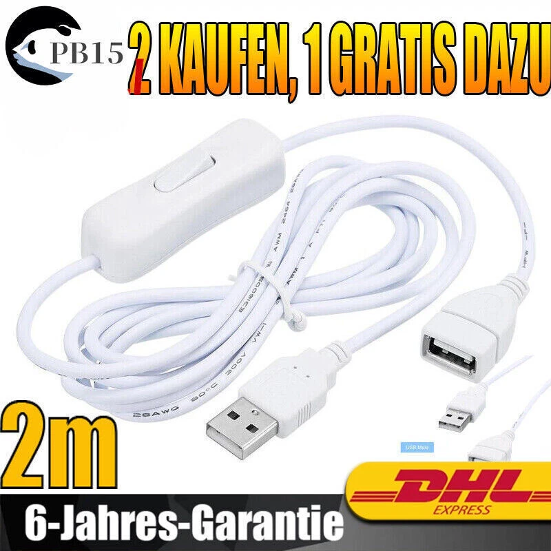 USB-Verlängerungskabel Mit Ein/Aus-Schalter – 2 Meter, Schwarz, Stecker Auf Buchse