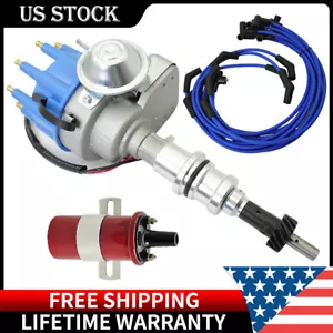 FOR FORD 289 302 SMALL FEMALE CAP HEI DISTRIBUTOR + 8.5mm PLUG WIRES + COIL BLUE - Picture 1 of 9