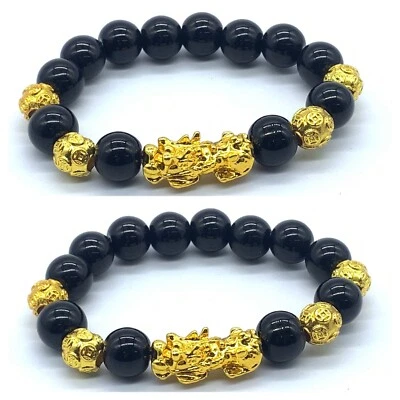 x2 Feng shui 10mm Black Bead Golden Pi Xiu Pi Yao Dragon Attract luck Bracelet - Image 1 of 4