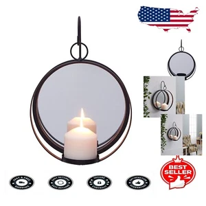 Round Wall-Mounted Wrought Iron Candle Holder with Mirror - Rustic Elegance - Picture 1 of 8
