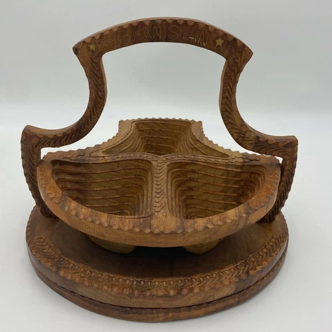 Afghanistan Folding Basket And Carved Vintage Collapsible Wooden Basket Souvenir Cover