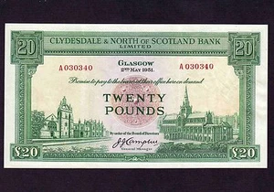 Scotland 20 Pounds 1951 P-193a * XF * First Date * Super Crisp * - Picture 1 of 2