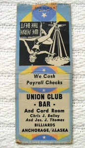 1940`s Union Club Bar and Card Room, Billiards, Matchbook Cover Anchorage Alaska - Picture 1 of 3