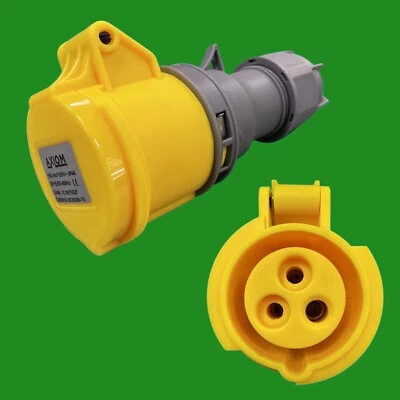 1x 16A 110V 2P+E Yellow Coupler 3 Pin Female Socket Quick Fit, Splash Proof IP44 - Image 1 of 4
