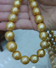 Gorgeous 17"L  AAAA++12-16mm  Akoya gold natural round pearl necklace 925s clasp