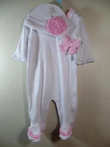New Baby Essentials Girl's Pink Polka Dot Ruffled Coverall & Rosette Hat, Sz 6M - Picture 1 of 3