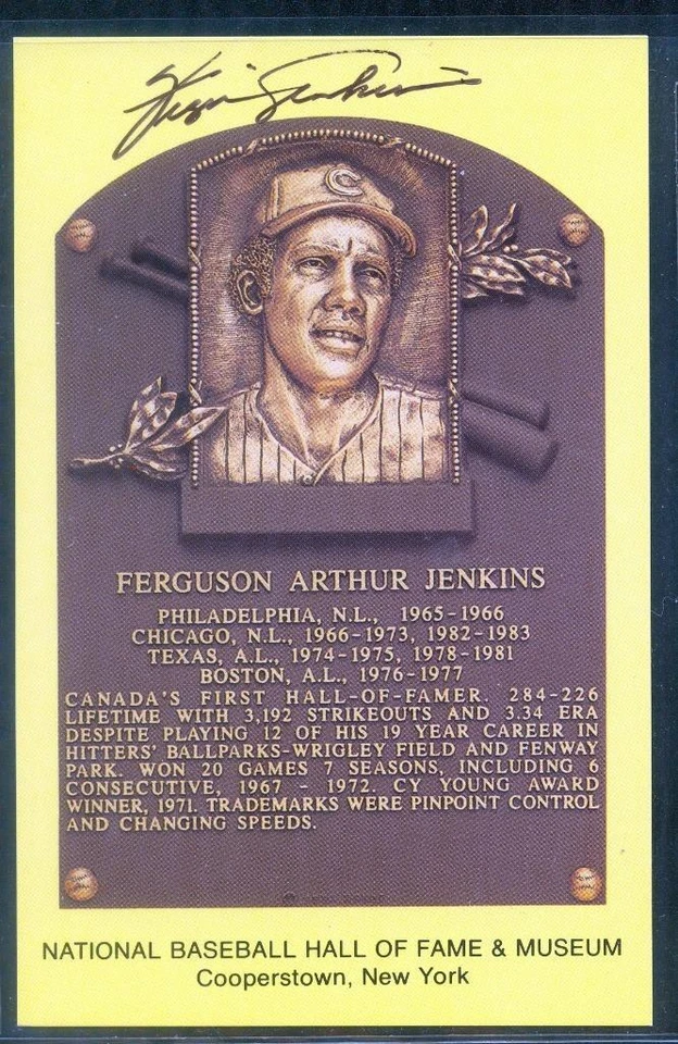 044, Original Autograph of Fergie Jenkins (2), HOF Plaque Postcard, Chicago Cubs - Image 1 of 3