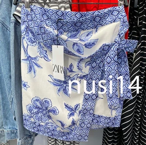 ZARA NEW WOMAN HIGH-WAIST KNOT GREEK FLORAL PRINT MINI SKIRT BLUE WHITE 9878/108 - Picture 1 of 3