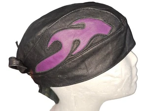 Leather Skull Cap Black Purple Flames DooRag Motorcycle Size 6 1/2 Small - Picture 1 of 7