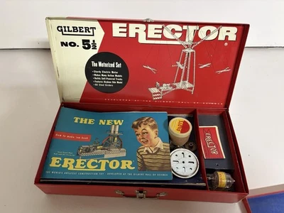 Juego de montador Gilbert 1954 vintage (n.º 5 1/2) Caja metálica, piezas, manual incluido Foto 1 de 4