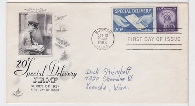 TurtlesTradingPost- 20 Cent Special Delivery 1954- FDC #E20 Artcraft Cachet - Image 1 of 2