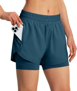 Women's 2 in 1 Running Shorts Quick Dry Athletic Gym Workout Shorts with Line... - Picture 1 of 7