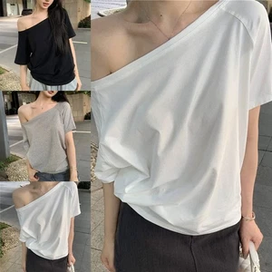 Solid Color Women Summer Casual TShirts Short Sleeve Off Shoulder Style S 2XL - Picture 1 of 35