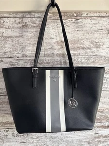 Michael Kors Jet Set Travel Black White Grey Stripe Large Tote - Picture 1 of 9