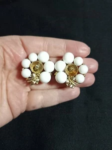 Vintage 50s 60s White Lucite Rhinestone Clip On Earrings Gold Tone - Picture 1 of 8