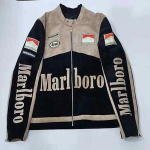 Men's Vintage Marlboro Tan Black Cafe Racer Suede Leather Jacket - Picture 1 of 10
