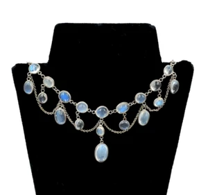 ANTIQUE EDWARDIAN MOONSTONE NECKLACE STERLING SILVER CHAIN SPRING RING CLASP 16" - Picture 1 of 12