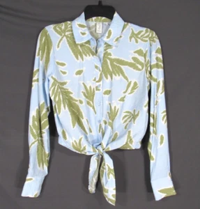 JOIE Blue/Green PALM TROPICAL Sateen Twil BUTTON-UP Tie-Front CROP Top Blouse XS - Picture 1 of 5