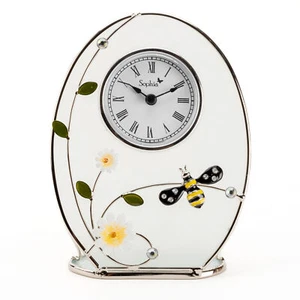 Frosted Glass Mantel Desk Table Clock 16cm Floral Bee Design Roman Numerals Oval - Picture 1 of 1