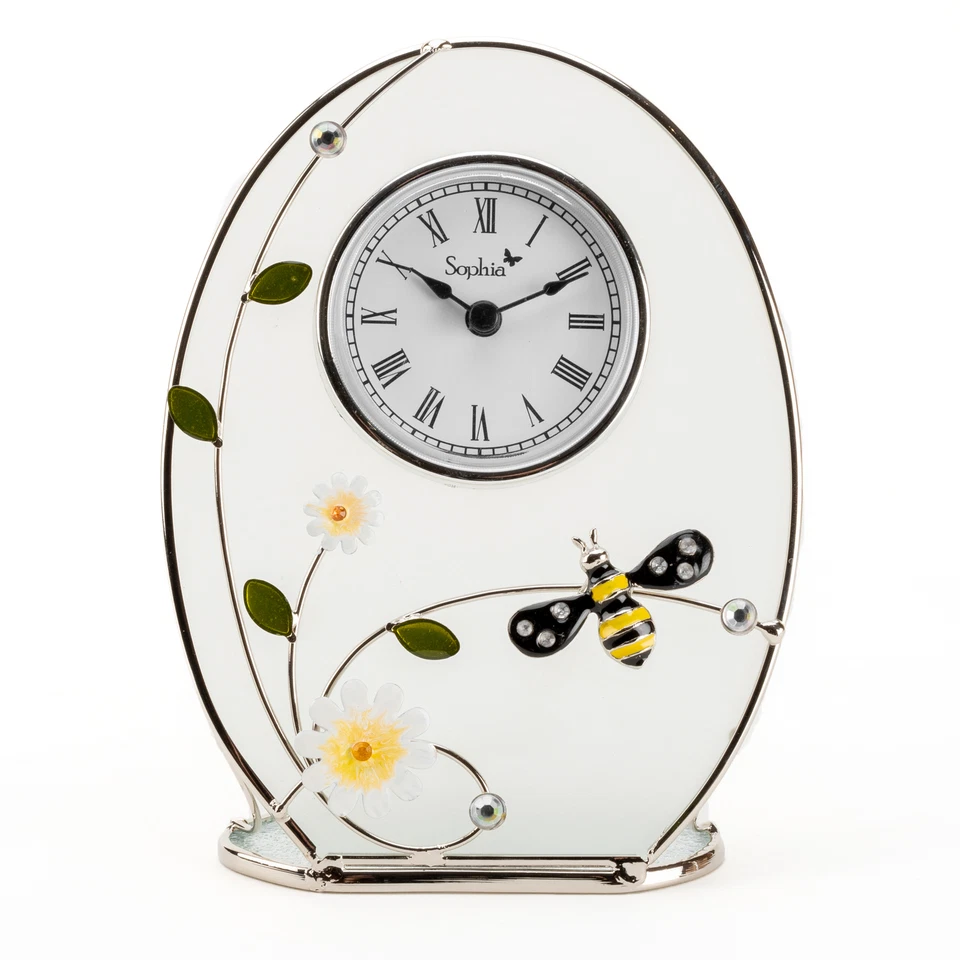 Frosted Glass Mantel Desk Table Clock 16cm Floral Bee Design Roman Numerals Oval - Image 1 of 1