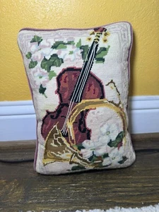 Vintage Stringed Violin and Horn Needlepoint Pillow - Picture 1 of 12