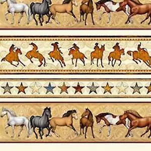 Mustang Sunset Horse Stripe Cream 100% Cotton Fabric by 1/2 of a Yard - Picture 1 of 1