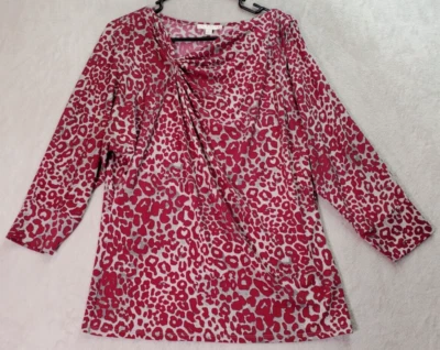 Kenar Blouse Top Womens Medium Fuchsia Leopard Print Pleated Asymmetrical Neck - Image 1 of 4