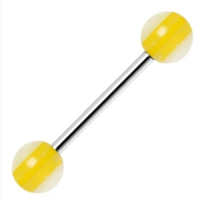 Yellow stripe Acrylic Ball  Barbell Tongue nipple piercing body candy 14g  - Image 1 of 3
