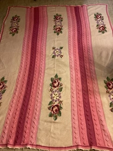Vtg Handmade Floral Crochet Cross Stitch Afghan Blanket 73” X 96” Wool Pink - Picture 1 of 15