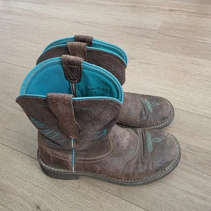 Ariat Brown Leather Western Cowboy Boots Blue Trim Toddler Girls Size 8.5B - Picture 1 of 9