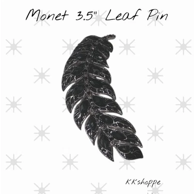 Винтажная классическая черная эмаль и серебристый лист брошь с автографом Моне 3,5 дюйма - Изображение 1 из 4
