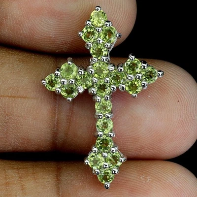 925 Sterling Silver Pendant Round Peridot 3mm Cross Natural Gemstone Jewelry - Image 1 of 4