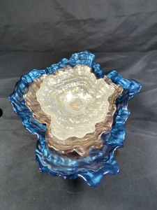 3 Akcam Iridescent Oyster Shell Art Glass Pearlescent Nesting Decorative Dishes - Picture 1 of 6