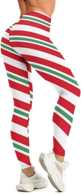 Candy Cane Christmas Leggings for Women | Holiday Striped High Waist Yoga Pants - Image 1 of 4