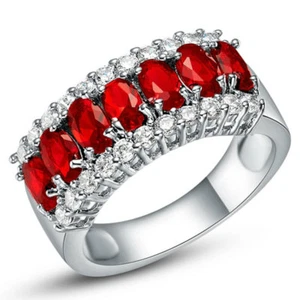18K White Gold Plated 3 Rows Princess Oval Cut Cz Semi Eternity Ring - Picture 1 of 10