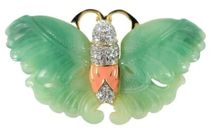 Signed KJL Kenneth Jay Lane Butterfly Moth Faux Jade Coral Enamel Crystal Brooch - Picture 1 of 16