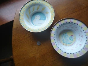 2 MacKenzie Childs Enamel Kids Bowls Chicken Hen and duck EC 6 inches - Picture 1 of 10