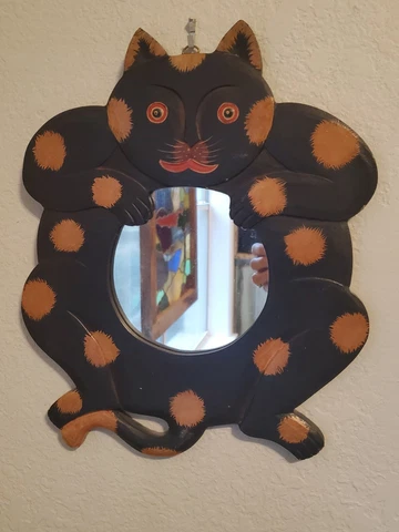 Vintage Folk Art Mirror Wooden Cat Shape Art Black Painted Wall Mirror 12' x 10" Cover